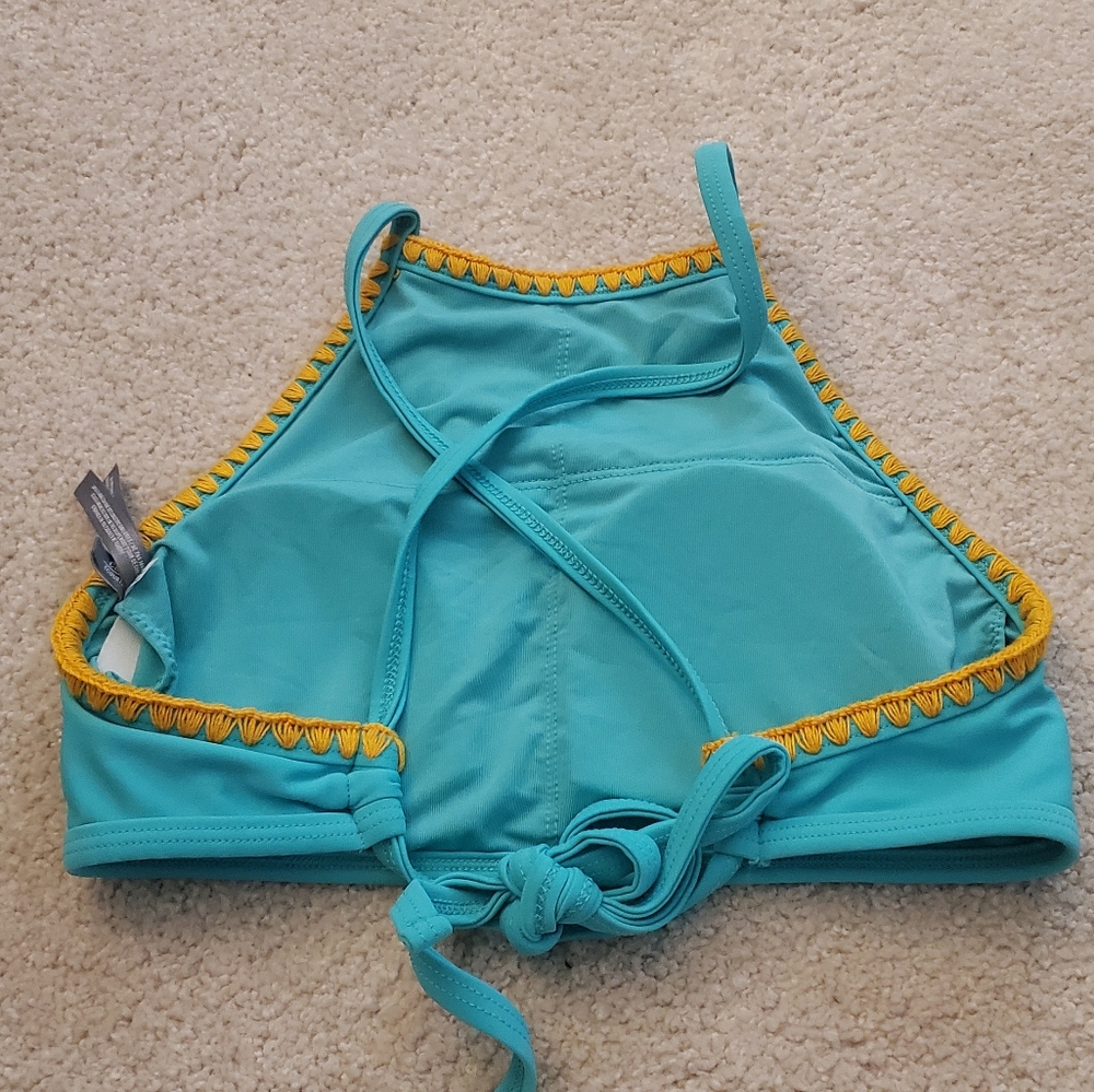 Aerie Aqua Yellow Stitch High Neck Swim Top - Picture 2 of 6